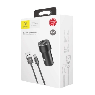 Baseus Car Charger Small Screw Dual USB Type-C Cable Set 3.4A Black